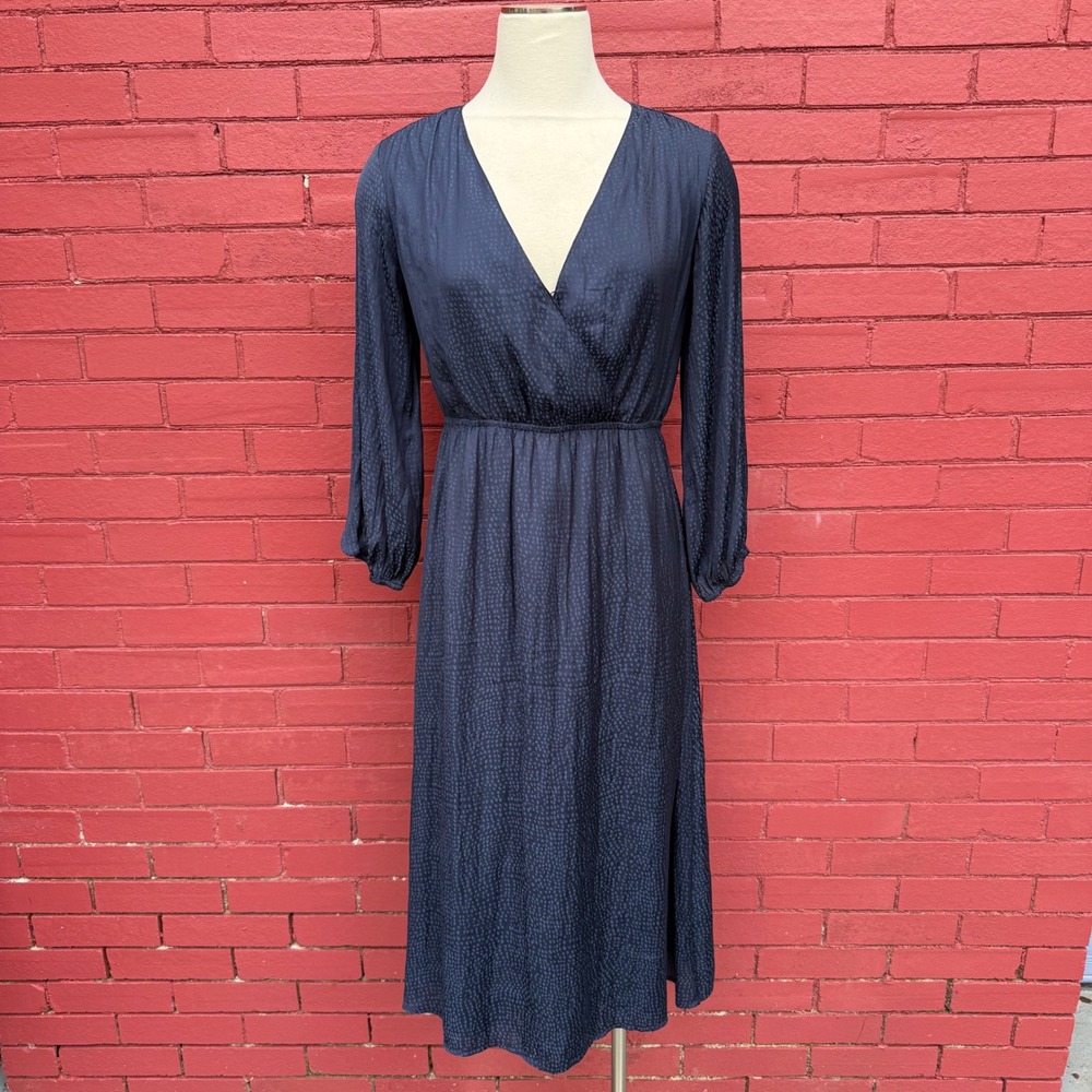 Nordstrom Rack Navy Blue Satin Jacquard Polka Dot V-Neck Midi Dress Small